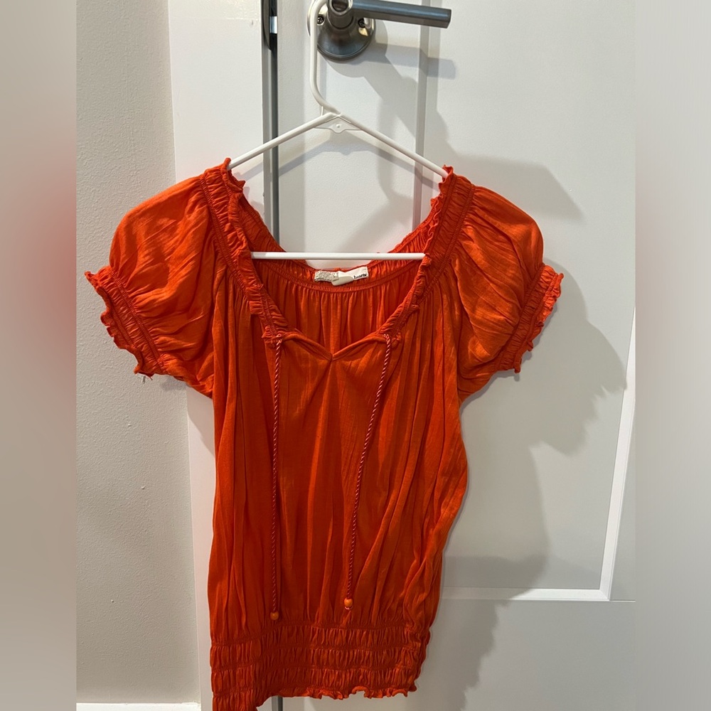 Derek Heart Orange Short Sleeve V Neck Cinched Waist Shirt